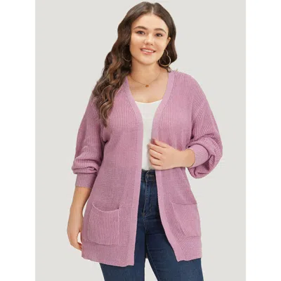 Bloomchic Women's Plus Size Solid Patched Pocket Lantern Sleeve Open Front Cardigan Lilac Long Sleeve 10/m In Purple