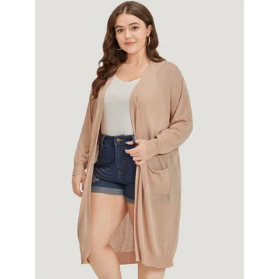 Bloomchic Women's Plus Size Solid Patched Pocket Open Front Breathable Maxi Cardigan Apricot Long Sleeve 10/m In Orange