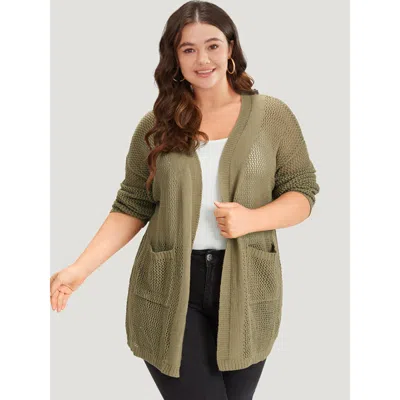 Bloomchic Women's Plus Size Solid Patched Pocket Open Front Patchwork Cardigan Olive Long Sleeve 10/m In Green