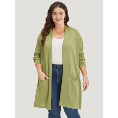 Bloomchic Women's Plus Size Solid Patched Pocket Open Front Tunic Cardigan Moss Long Sleeve 12/l In Green