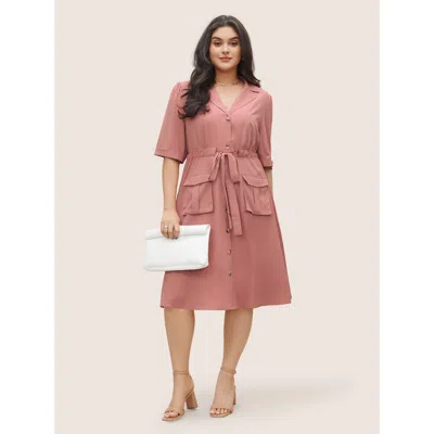 Bloomchic Women's Plus Size Solid Patched Pocket Ties Gathered Dress Crepe Non Midi Office Non 30/6x