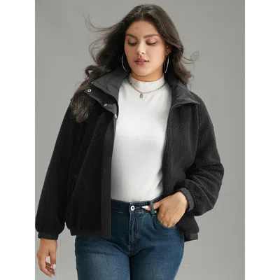 Bloomchic Women's Plus Size Solid Patchwork Button Up Pocket Zipper Jacket Black Zipper 12/l
