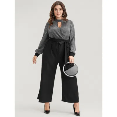 Bloomchic Women's Plus Size Solid Patchwork Pocket Keyhole Belted Sequin Jumpsuit Black Going Out 10/m
