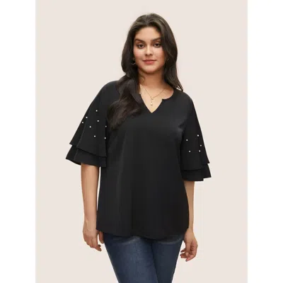 Bloomchic Women's Plus Size Solid Pearl Beaded Ruffle Layered Sleeve Blouse Black Non Everyday Short Sleeve 12