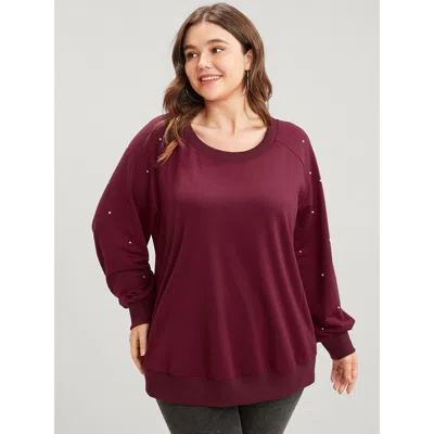 Bloomchic Women's Plus Size Solid Pearls Beaded Raglan Sleeve Drop Shoulder Sweatshirt Scarlet Plain Dailywear In Red