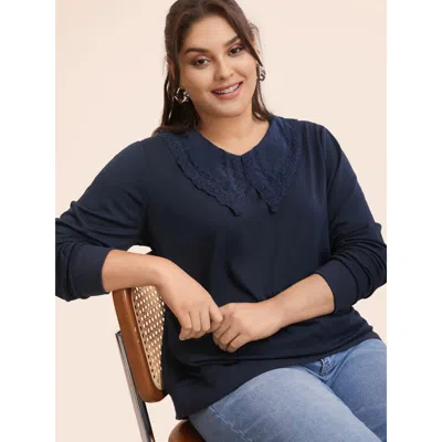Bloomchic Women's Plus Size Solid Peter Pan Collar Patchwork Sweatshirt Indigo Casual 10/m In Purple