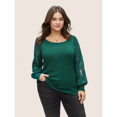 Bloomchic Women's Plus Size Solid Plants Guipure Lace Gathered T-shirt Darkgreen Dailywear Long Sleeve 14-16/1 In Green