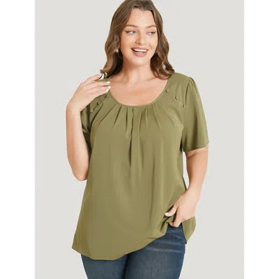Bloomchic Women's Plus Size Solid Pleated Button Detail Blouse Springgreen Office Short Sleeve 10/m