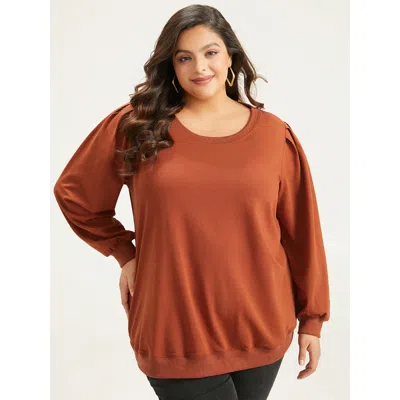 Bloomchic Women's Plus Size Solid Pleated Detail Elastic Cuffs Sweatshirt Rust Plain Dailywear 12/l In Brown