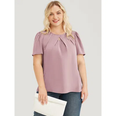 Bloomchic Women's Plus Size Solid Pleated Detail Keyhole Puff Sleeve Blouse Lilac Office Short Sleeve 30/6x In Purple