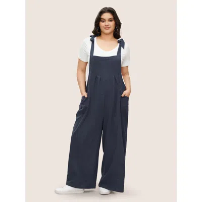 Bloomchic Women's Plus Size Solid Pleated Detail Pocket Knotted Shoulder Overall Jumpsuit Navy Everyday Relaxe In Blue