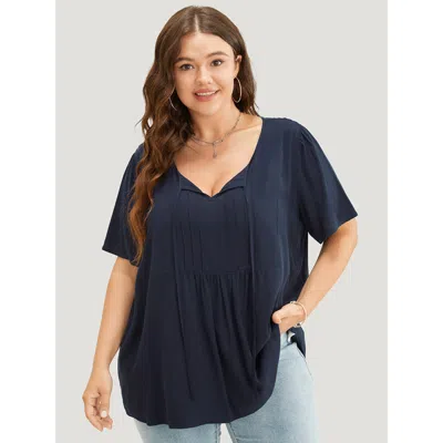 Bloomchic Women's Plus Size Solid Pleated Detail Tie Neck Ruffle Blouse Indigo Dailywear Short Sleeve 10/m In Purple