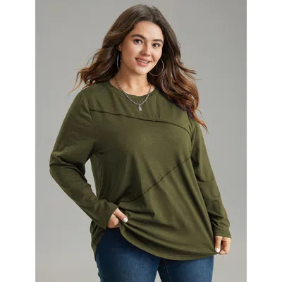 Bloomchic Women's Plus Size Solid Pleated Round Neck T-shirt Armygreen Dailywear Long Sleeve 12/l