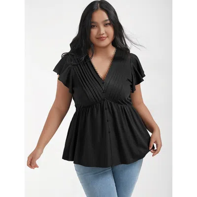Bloomchic Women's Plus Size Solid Pleated Ruffled Button Lace V Neck Blouse Black Solid Dailywear Short Sleeve