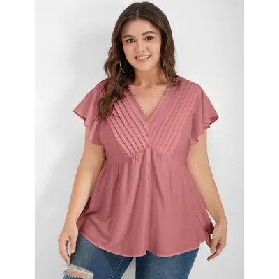 Bloomchic Women's Plus Size Solid Pleated Ruffled Button Lace V Neck Blouse Pink Solid Dailywear Short Sleeve 