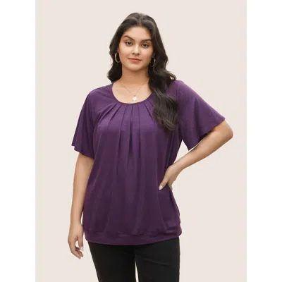 Bloomchic Women's Plus Size Solid Plicated Detail Flutter Sleeve T-shirt Mauve Short Sleeve Casual Round Neck  In Purple