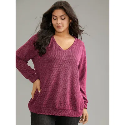 Bloomchic Women's Plus Size Solid Plisse Elastic Cuffs V Neck Sweatshirt Redviolet Plain Dailywear 14-16/1x