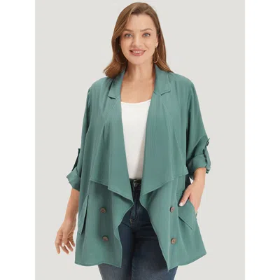 Bloomchic Women's Plus Size Solid Pocket Asymmetrical Neck Roll Tab Sleeve Jacket Emerald Plain 12/l In Green