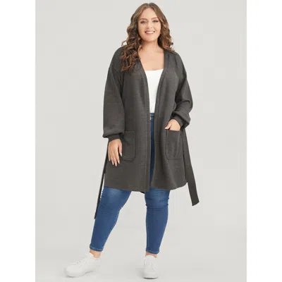 Bloomchic Women's Plus Size Solid Pocket Belted Open Front Heather Coat Darkgray Heather 10/m In Gray