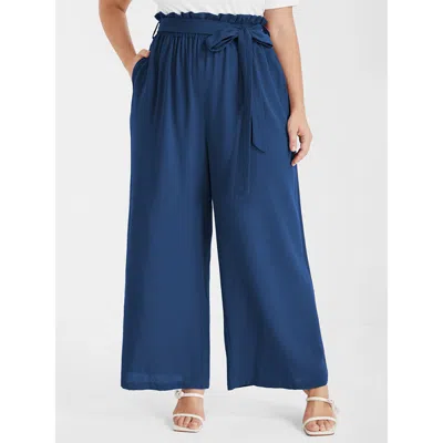 Bloomchic Women's Plus Size Solid Pocket Belted Straight Pants Darkblue Solid High Rise Dailywear 10/m In Blue