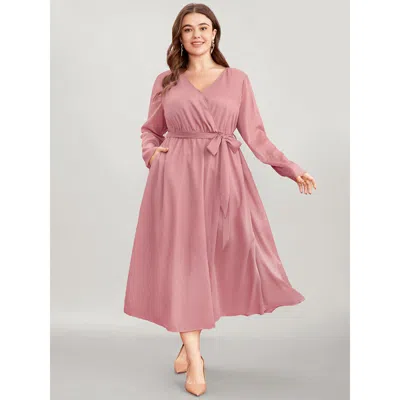 Bloomchic Women's Plus Size Solid Pocket Belted Surplice Neck Midi Dress Dustypink Solid Dailywear Belted 10/m In Pink