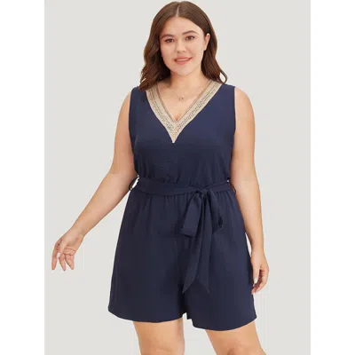 Bloomchic Women's Plus Size Solid Pocket Contrast Lace Belted Tank Romper Darkblue Plain Dailywear No Stretch  In Blue