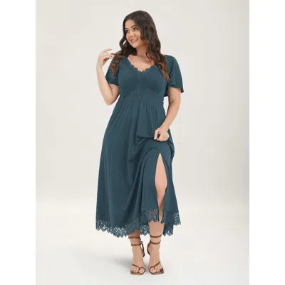Bloomchic Women's Plus Size Solid Pocket Contrast Lace Split Maxi Dress Aegean Solid Maxi Elegant Lace Trim 12 In Blue
