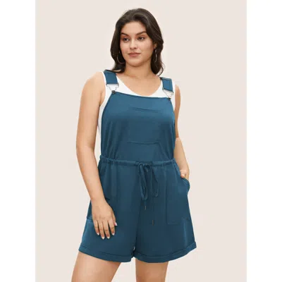 Bloomchic Women's Plus Size Solid Pocket Drawstring Overall Romper Aegean Casual 10/m In Blue