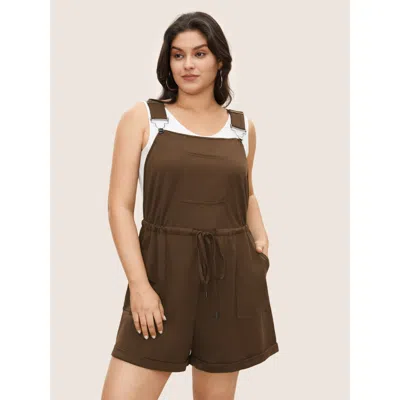 Bloomchic Women's Plus Size Solid Pocket Drawstring Overall Romper Darkbrown Casual 14-16/1x In Brown