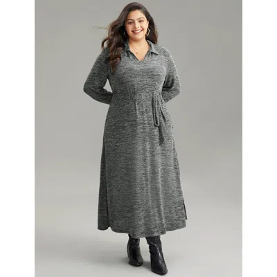 Bloomchic Women's Plus Size Solid Pocket Elastic Waist Ties Split Hem Dress Dimgray Dailywear Plain 12/l