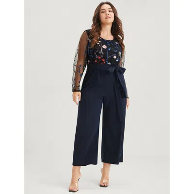 Bloomchic Women's Plus Size Solid Pocket Embroidered Mesh Sleeve Knotted Jumpsuit Darkblue Going Out 28/5x In Blue