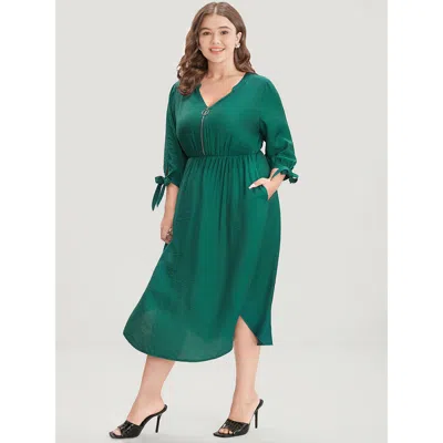 Bloomchic Women's Plus Size Solid Pocket Knot Sleeve Half Zipper Arc Hem Dress Darkgreen Office Cross Straps 2 In Green