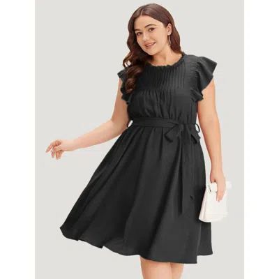 Bloomchic Women's Plus Size Solid Pocket Lace Insert Pleated Flutter Sleeve Dress Black Office Gathered 28/5x