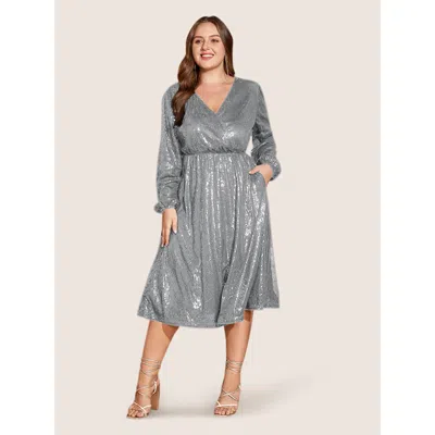 Bloomchic Women's Plus Size Solid Pocket Lantern Sleeve Wrap Sequin Dress Lightgray Metallic Midi Party Wrap / In Gray