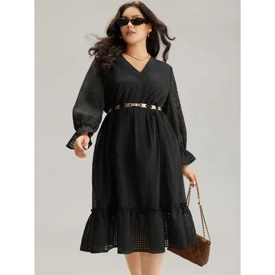 Bloomchic Women's Plus Size Solid Pocket Mesh Frill Trim Dress Black Dailywear See Through 10/m