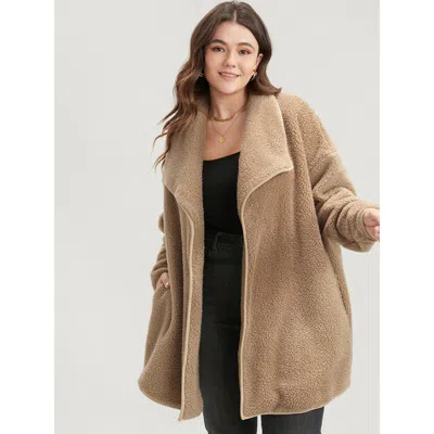 Bloomchic Women's Plus Size Solid Pocket Open Front Teddy Coat Lightbrown Plain 10/m In Brown