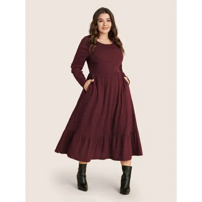 Bloomchic Women's Plus Size Solid Pocket Rib Knit Ruffle Hem Dress Without Belt Burgundy Non Midi Casual Jacqu