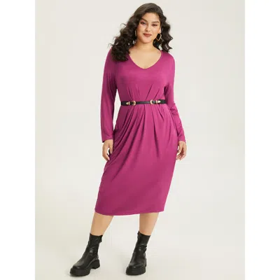 Bloomchic Women's Plus Size Solid Pocket V Neck Plicated Detail Dress Redviolet Going Out Plain 12/l