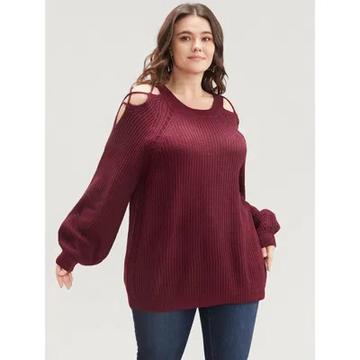 Bloomchic Women's Plus Size Solid Pointelle Knit Cut Out Lantern Sleeve Knit Top Scarlet Plain Long Sleeve 14- In Red