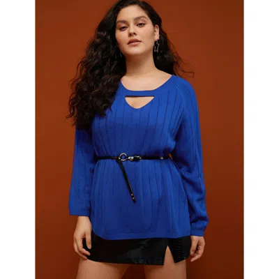 Bloomchic Women's Plus Size Solid Pointelle Knit Cut Out Split Hem Rib Knit Top Aegean Plain Long Sleeve 12/l In Blue