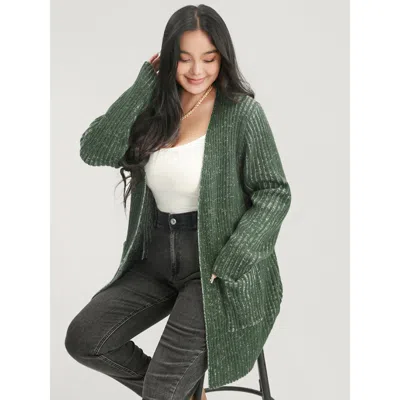 Bloomchic Women's Plus Size Solid Pointelle Knit Heather Rib Knit Open Front Cardigan Armygreen Long Sleeve 14