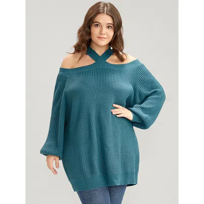 Bloomchic Women's Plus Size Solid Pointelle Knit Lantern Sleeve Cold Shoulder Knit Top Aegean Plain Long Sleev In Blue