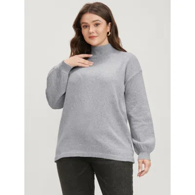 Bloomchic Women's Plus Size Solid Pointelle Knit Lantern Sleeve Mock Neck Heather Knit Top Lightgray Plain Lon In Gray