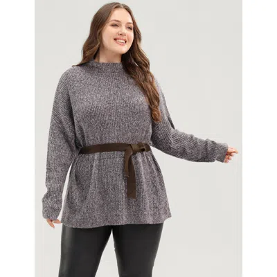Bloomchic Women's Plus Size Solid Pointelle Knit Mock Neck Belted Heather Knit Top Brown Plain Long Sleeve 12/
