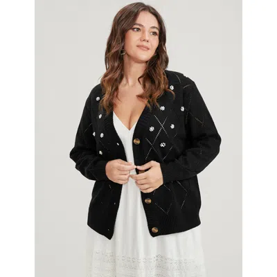 Bloomchic Women's Plus Size Solid Pointelle Knit Pearl Beaded Crochet Button Front Cardigan Black Long Sleeve 