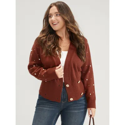 Bloomchic Women's Plus Size Solid Pointelle Knit Pearls Beaded Button Front Knit Top Maroon Plain Long Sleeve  In Burgundy