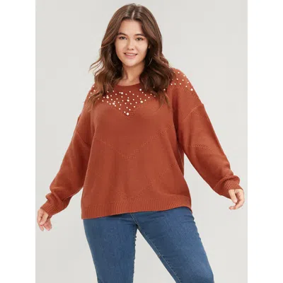 Bloomchic Women's Plus Size Solid Pointelle Knit Pearls Beaded Knit Top Rust Plain Long Sleeve 14-16/1x In Brown