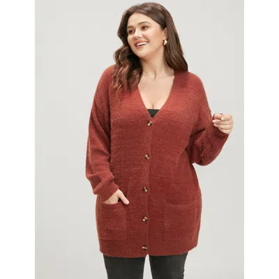 Bloomchic Women's Plus Size Solid Pointelle Knit Pocket Button Front Heather Cardigan Maroon Long Sleeve 26/4x In Burgundy