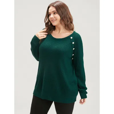 Bloomchic Women's Plus Size Solid Pointelle Knit Raglan Sleeve Button Detail Knit Top Emerald Plain Long Sleev In Green