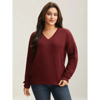 Bloomchic Women's Plus Size Solid Pointelle Knit V Neck Loose Knit Top Chocolate Plain 30/6x In Brown